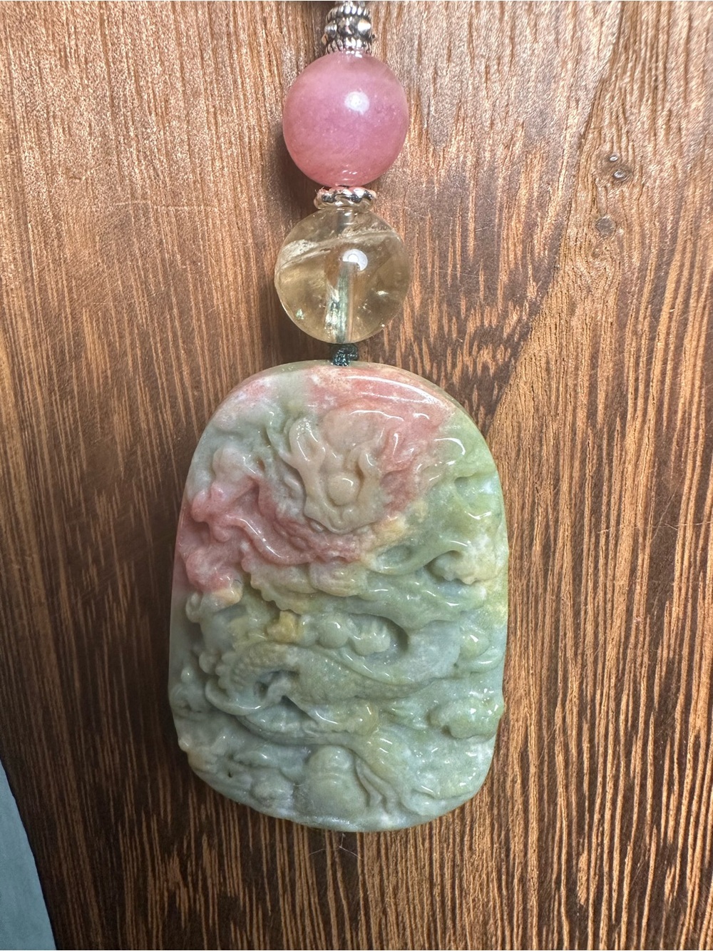 Ocean Jasper Dragon Pendant Necklace with Citrine and Rose Quartz on Brown Rope - Picture 7 of 16